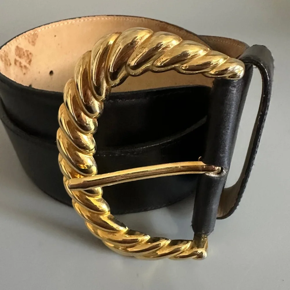 Lord & Taylor Vintage Black Leather Wide Waist Belt Gold Twisted Buckle Medium